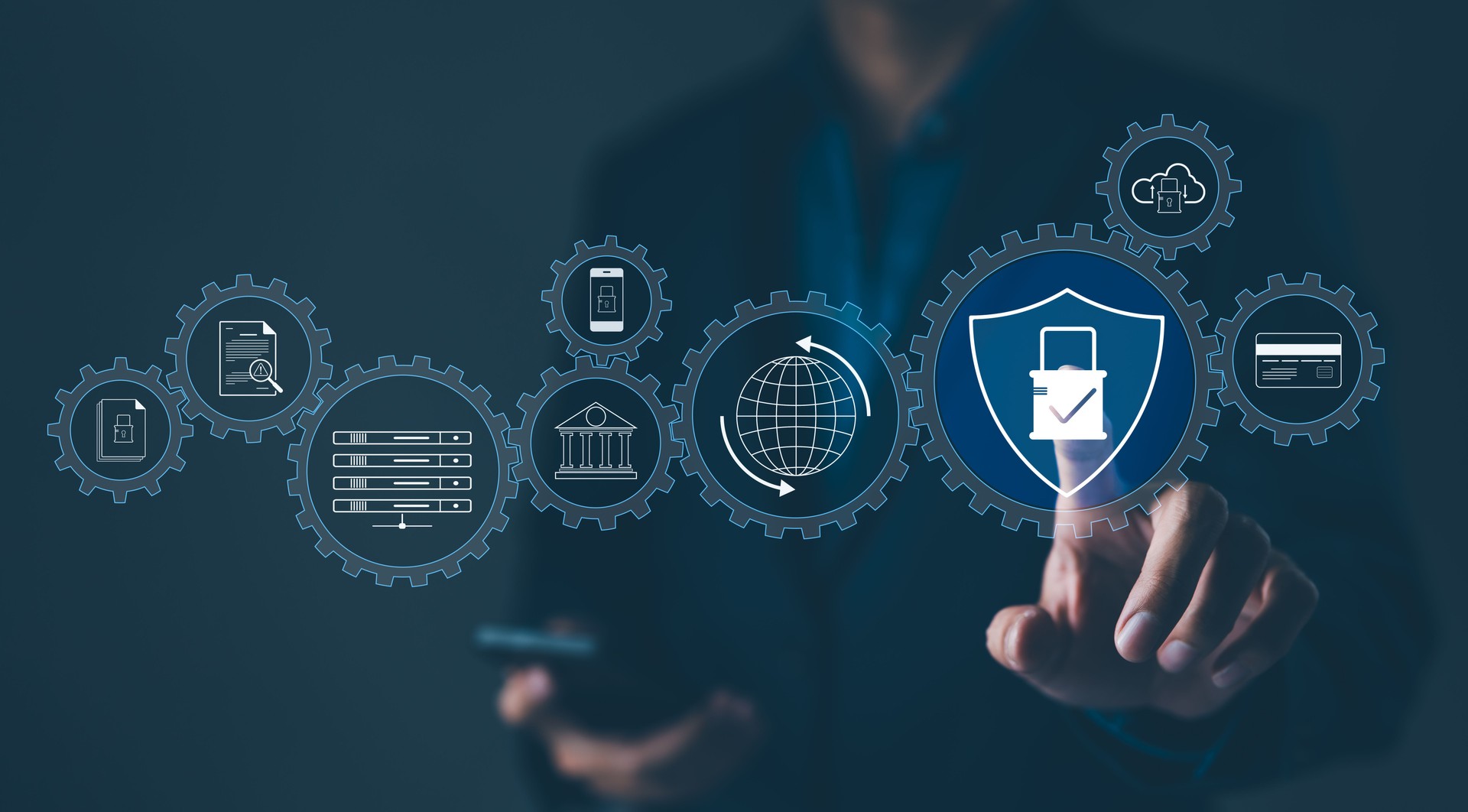 Cybersecurity Management and Data Protection Concept. Showcasing a cyber security management interface with icons representing secure data, cloud storage, and network protection. Encryption privacy,