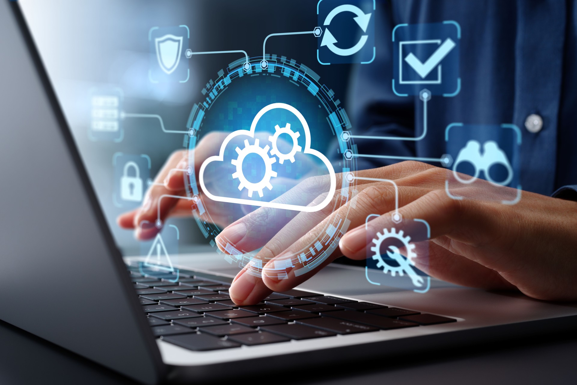 Cloud automation and management systems. Businessman using laptop computer for cloud computing.