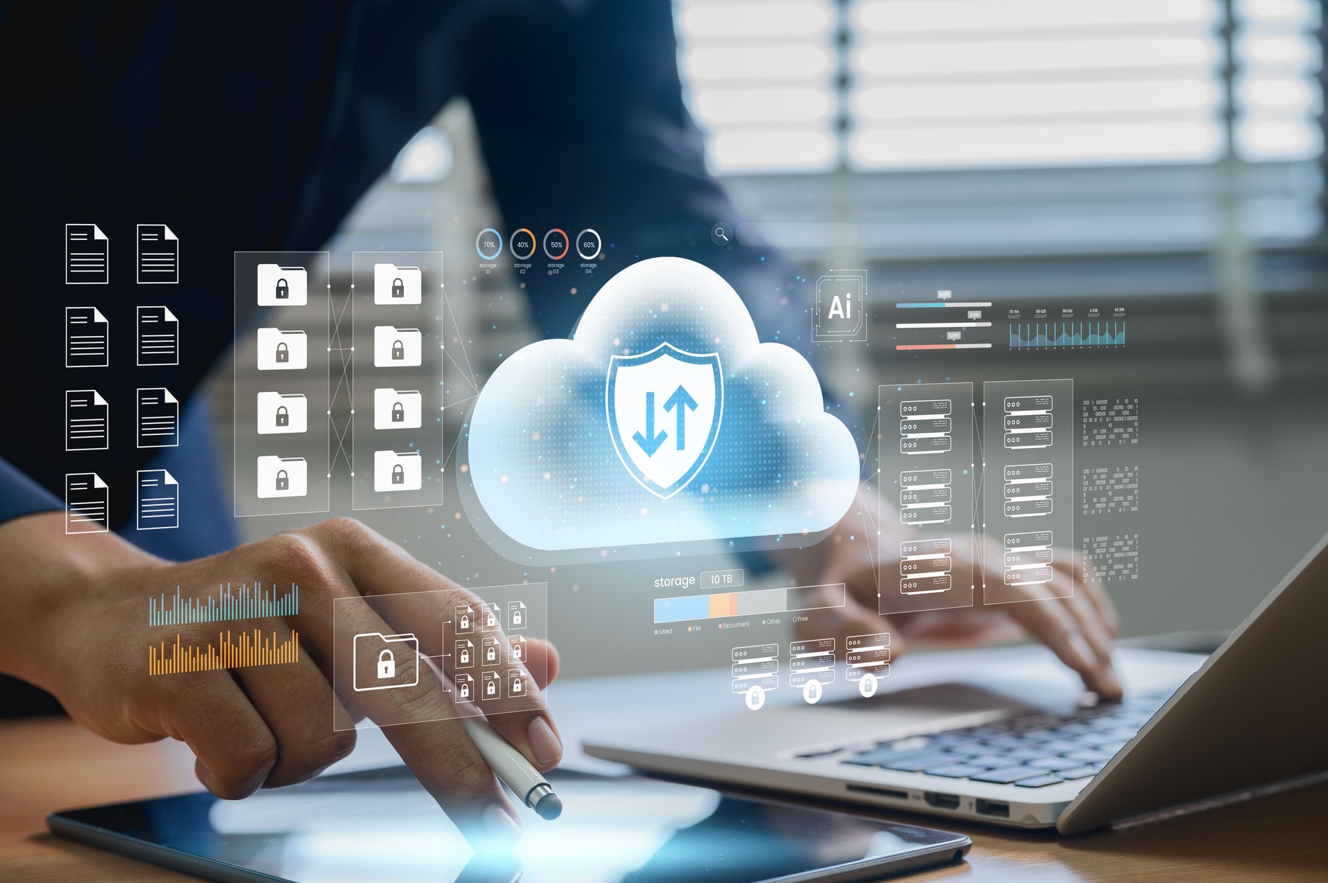 Cloud based file storage with advanced security, encrypted data protection, and AI backup solutions, ensuring privacy and seamless management for businesses and digital transformation